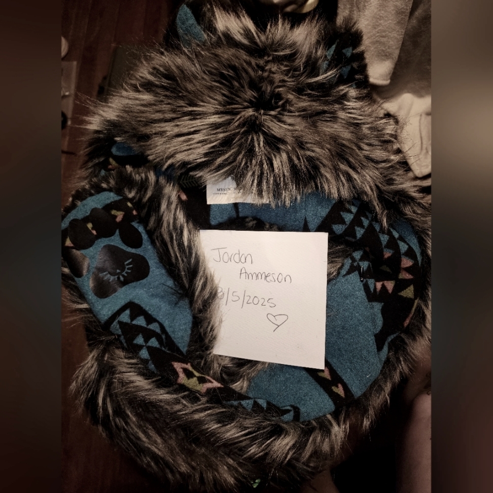 Faux Fur Spirit Hood Scarf with Blue Tribal Pattern